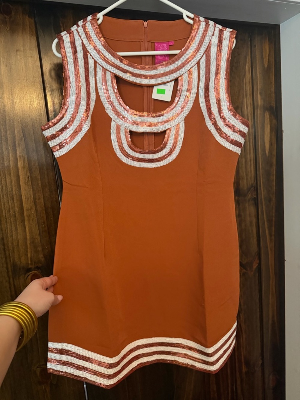 Queen of Sparkles - Longhorns Rust Sequin-Trim Dress